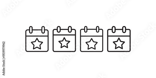 Four identical calendar icons with star symbols, arranged in a row, indicating important or favorite dates, black and white line art