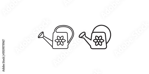 Two watering cans with flower icons, showcasing slightly different designs and perspectives of garden tools, black and white line art illustrations