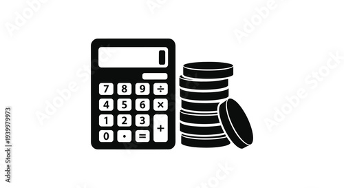 A black silhouette depicting a calculator and stacked coins representing finance and calculation silhouette high quality