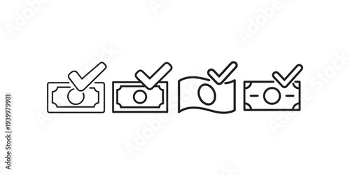 Four icons of paper money with check marks indicating approved payments or successful financial transactions