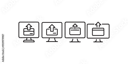 Computer monitor screen showing credit card upload process icon set representing digital payment transaction secure online banking interface concept art