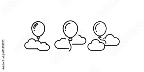 Three whimsical line art icons of balloons floating above stylized clouds, evoking themes of celebration joy freedom aspiration and lighthearted party decoration elements