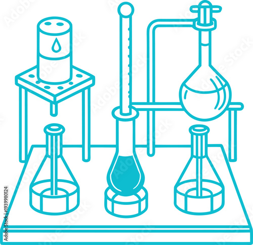 Science Lab Experiment Setup Vector Icon with Flasks and Beakers on white background