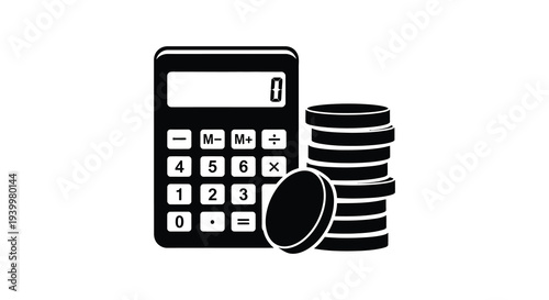 A black silhouette of a calculator and stacked coins represents finance and mathematical calculations silhouette