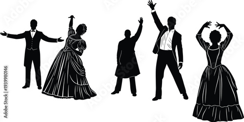 Elegant Victorian era ballroom dance silhouettes featuring men and women in formal attire performing classic theatrical stage poses black white vector