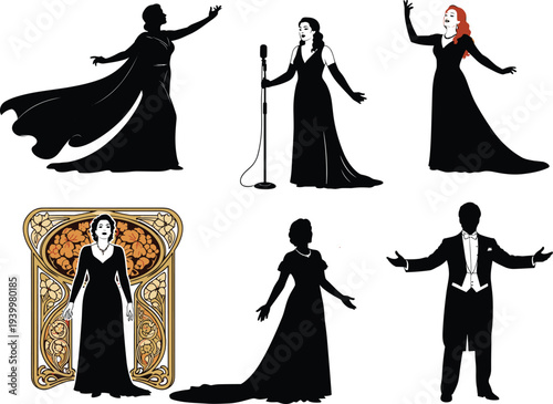 Elegant opera singer and ballroom performer silhouettes in vintage evening gowns and tuxedo performing on stage vector illustration set
