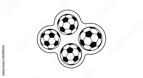 A striking black and white composition of four soccer balls within a unique frame silhouette high quality professional
