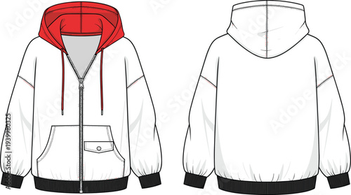 Front and back view of blank zip up hoodie mockup with red hood lining, realistic vector apparel template isolated on white background