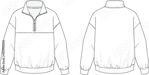Front and back view of half zip pullover jacket mockup, blank sweatshirt template vector illustration isolated on white
