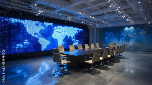 Corporate geopolitical briefing room with large LED map of the world