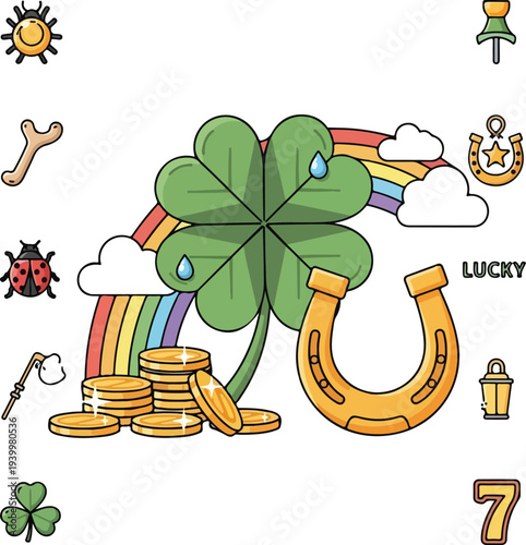 A vibrant illustration of various good luck symbols including a four-leaf clover, rainbow, golden horseshoe, stack of coins, ladybug, and other charms.