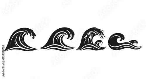 Four stylized ocean waves depicted in a striking black silhouette high quality professional detailed modern elegant
