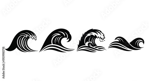 Four stylized waves depicted in a bold black graphic creating a dynamic ocean scene silhouette