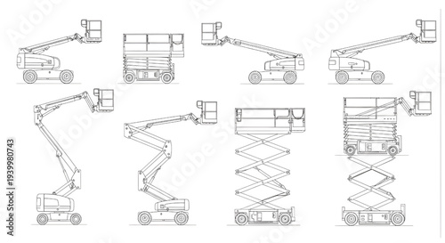 Aerial Work Platform Lift AutoCAD Blueprint Vector – Multi View Industrial Access Equipment Technical Drawing