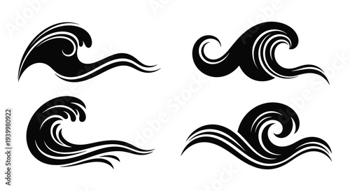 Four stylized black wave designs presented on a white background showcasing fluid motion silhouette high quality
