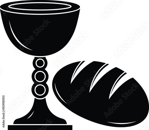 Holy communion chalice and bread silhouette illustration, Christian religious symbol vector design for church, worship, faith projects, isolated on white background