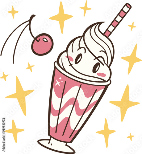 Vector illustration of a pink milkshake with cherry