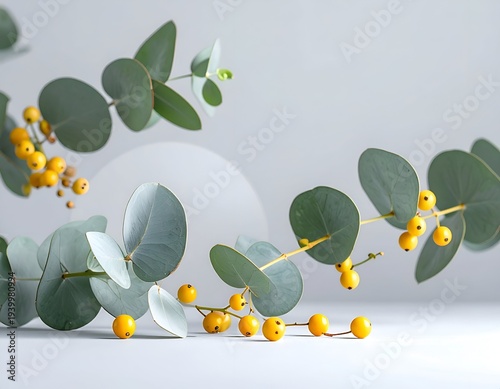 Eucalyptus branches with round leaves and yellow berries are artfully arranged against a soft, white backdrop
