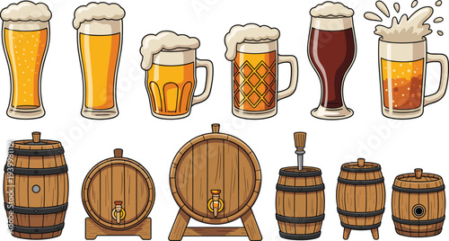 Beer glasses illustration, wooden barrels artwork, brewing vector design, lager ale stout icons, craft beer graphic, traditional storage concept