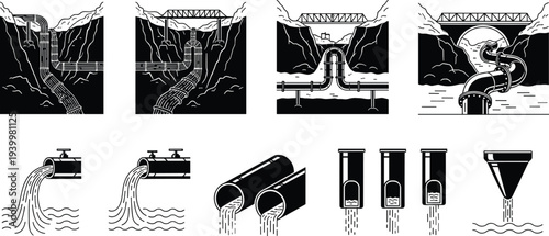 Industrial sewage and water pipeline system icons set with drainage pipes and wastewater flow isolated on white background vector illustration