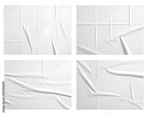 Four close-up views show white, wrinkled, poster-like paper affixed to a surface
