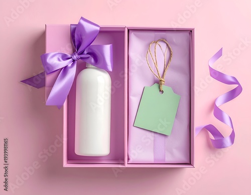 Gift box with a white bottle tied with a purple bow, ribbon, & a tag, all on a pastel pink background