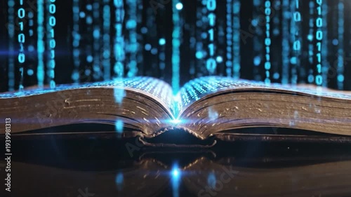 Open book glowing with digital binary code data stream light representing knowledge and technology concept