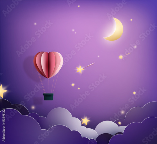 Romantic paper art style illustration of a heart shaped hot air balloon floating above soft clouds in a dreamy purple night sky with crescent moon, glowing stars, and copy space. Ideal for Vale