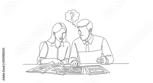 Man and woman analyzing documents together with question mark.