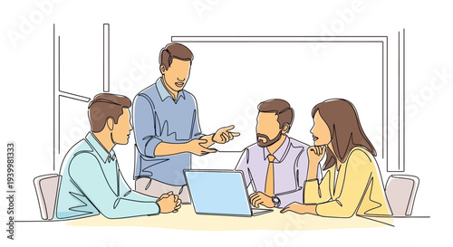 Business meeting with team discussion and laptop.