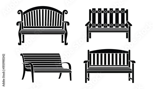 Four different black and white illustrations of garden benches