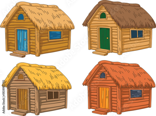 Cartoon wooden huts illustration, thatched roof artwork, colorful village houses design, rustic architecture vector, tropical home icon, playful building graphic