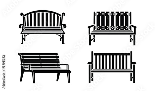 Four different black metal bench designs