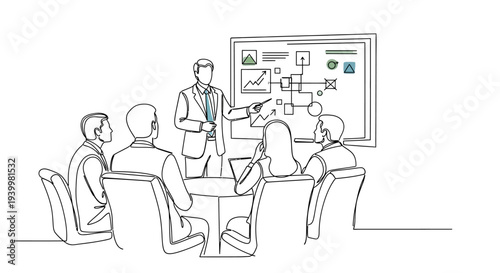 Businesspeople discussing strategy in meeting room.