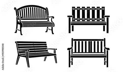 Four different black and white illustrations of garden benches