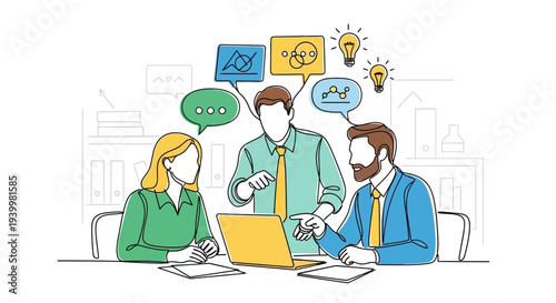 Team collaborating on business project with laptop.