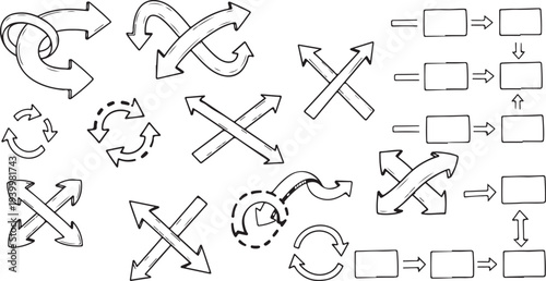 Various Arrows and Boxes with Directional Symbols black and white
