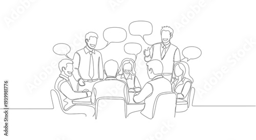 Business meeting discussion people talking office setting.