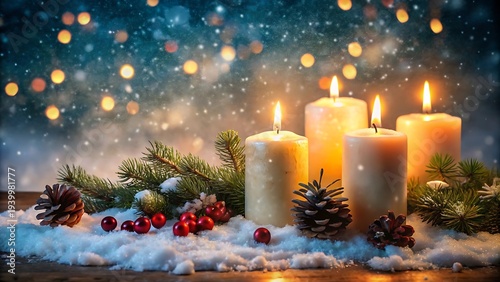 Christmas Background With Glowing Candles And Snow