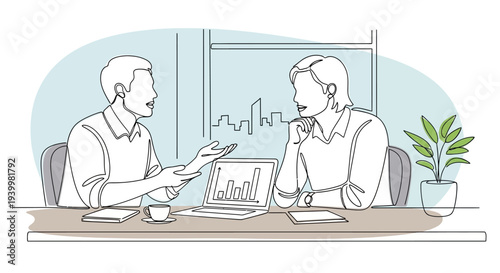 Two businessmen discussing financial graph on laptop in modern office.