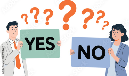 Decision making illustration, yes no choice artwork, cartoon characters vector, opinion contrast design, confusion graphic icon, choice concept drawing