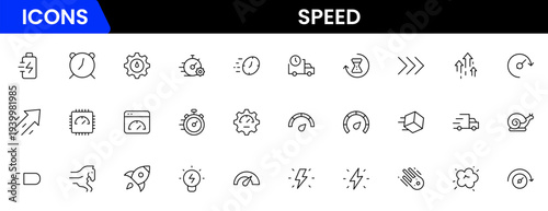 Speed and performance icon set. Containing fast, productivity, indicator, turbo, speeding and speedometer icons. Thin line icon collection. Vector illustration.