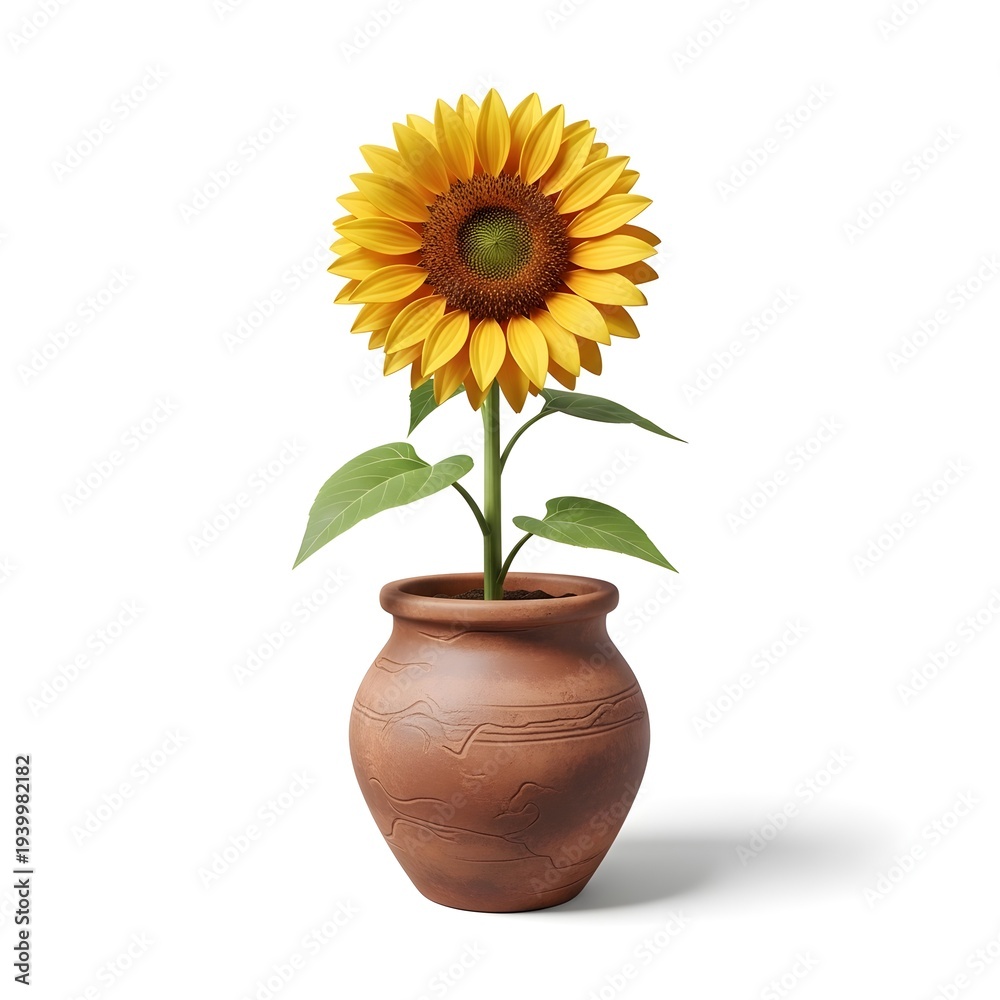 Obraz premium Vibrant sunflower in terracotta pot on white background, symbolizing warmth and happiness
