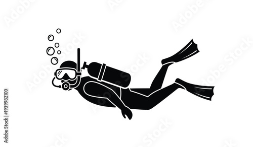 Scuba diver silhouette swimming underwater with equipment