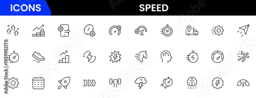 Speed and performance icon set. Containing fast, productivity, indicator, turbo, speeding and speedometer icons. Thin line icon collection. Vector illustration.
