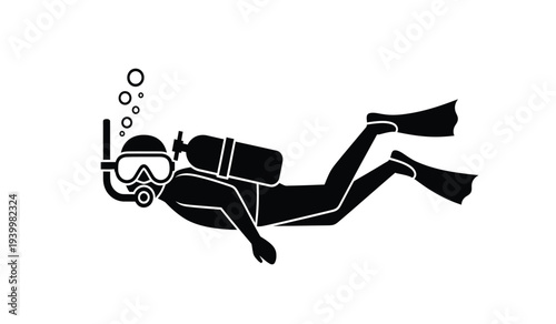 Black silhouette of a scuba diver swimming underwater