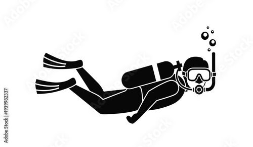 Black silhouette of a scuba diver swimming underwater with equipment