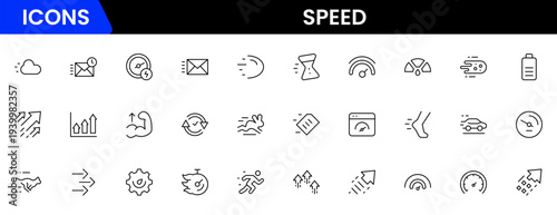 Speed and performance icon set. Containing fast, productivity, indicator, turbo, speeding and speedometer icons. Thin line icon collection. Vector illustration.