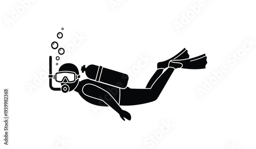 Scuba diver swimming underwater with equipment and bubbles