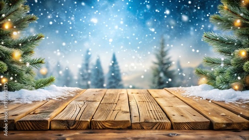 Christmas Background With Wooden Table And Snow